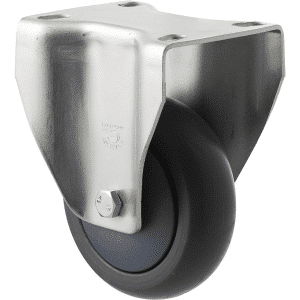 M Series castor, thermoplastic elastomer (TPE) 100mm wheel, precision bearing, fixed North American (NA) plate, Bluestone thread guard, load rating 85 kg