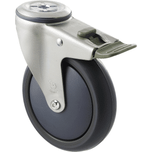 M Series castor, thermoplastic elastomer (TPE) 125mm wheel, precision bearing, bolt hole swivel, Bluestone thread guard, load rating 85 kg