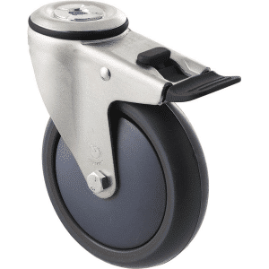 M Series castor, thermoplastic elastomer (TPE) 125mm wheel, precision bearing, bolt hole swivel total brake, Bluestone thread guard, load rating 85 kg