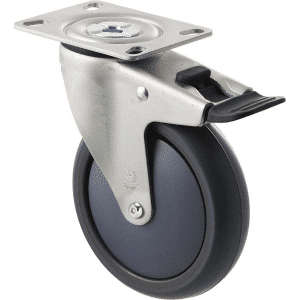 M Series castor, thermoplastic elastomer (TPE) 125mm wheel, precision bearing, total brake, North American (NA) plate, black seal & pedal, Chicago screw axle, Bluestone thread guard, load rating 85 kg