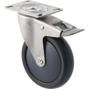 M Series castor, thermoplastic elastomer (TPE) 125mm wheel, precision bearing, total brake, North American (NA) plate, grey seal & pedal, Chicago screw axle, Bluestone thread guard, load rating 85 kg
