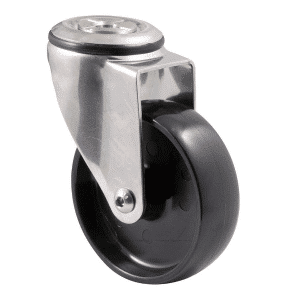 M Series castor, 100mm black nylon wheel, stainless steel swivel bolt hole, stainless steel axle spacer, 150 kg load