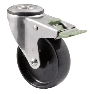 M Series castor, 100mm black nylon wheel, swivel bolt hole, direction lock, stainless steel, direction lock, stainless steel axle spacer, 150 kg load