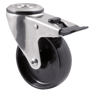 M Series castor, 100mm black nylon wheel, swivel bolt hole, total brake, stainless steel, stainless steel axle spacer, 150 kg load
