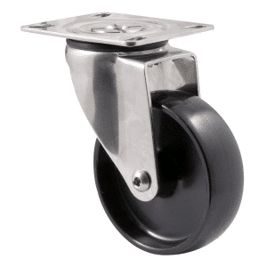 M Series castor, 100mm black nylon wheel, stainless steel swivel plate, stainless steel axle spacer, 150 kg load