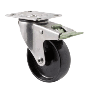 M Series castor, 100mm black nylon wheel, swivel plate, direction lock, stainless steel, direction lock, stainless steel axle spacer, 150 kg load