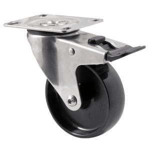 M Series castor, 100mm black nylon wheel, stainless steel swivel plate, total brake, stainless steel axle spacer, 150 kg load