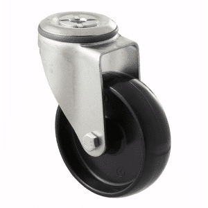 M Series castor, 100mm black nylon wheel, swivel bolt hole, stainless steel axle spacer, 150 kg load