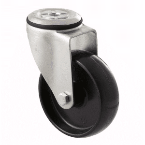 M Series castor, 100mm black nylon wheel, swivel bolt hole, stainless steel axle spacer, 150 kg load