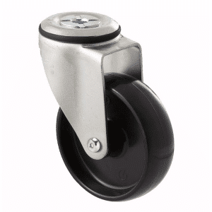 M Series castor, 100mm black nylon wheel, swivel bolt hole, stainless steel axle spacer, Chicago screw axle, 150 kg load
