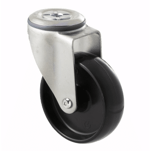 M Series castor, 100mm black nylon wheel, swivel bolt hole, stainless steel axle spacer, Chicago screw axle, 150 kg load
