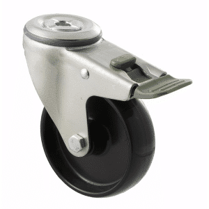 M Series castor, 100mm black nylon wheel, swivel bolt hole, direction lock, stainless steel axle spacer, 150 kg load