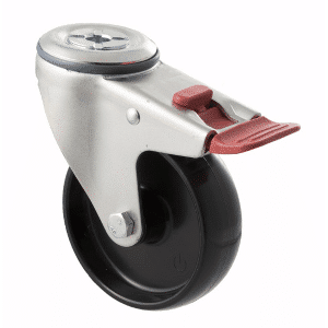 M Series castor, 100mm black nylon wheel, swivel bolt hole, total brake, stainless steel axle spacer, 150 kg load