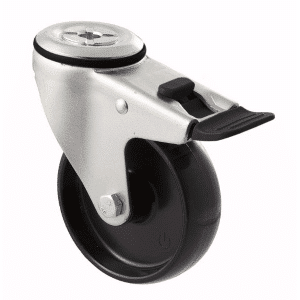 M Series castor, 100mm black nylon wheel, swivel bolt hole, total brake, stainless steel axle spacer, 150 kg load