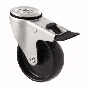 M Series castor, 100mm black nylon wheel, swivel bolt hole, total brake, stainless steel axle spacer, Chicago screw axle, 150 kg load