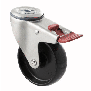 M Series castor, 100mm black nylon wheel, swivel bolt hole, total brake, stainless steel axle spacer, Chicago screw axle, 150 kg load