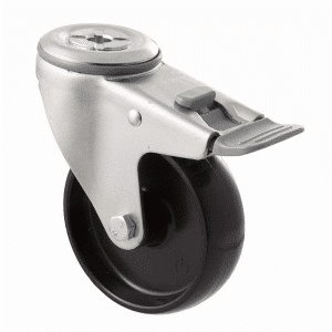 M Series castor, 100mm black nylon wheel, swivel bolt hole, total brake, grey seal & pedal, stainless steel axle spacer, 150 kg load