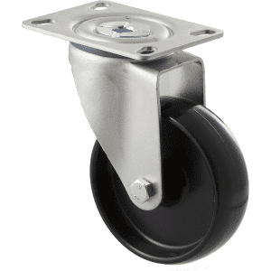 M Series castor, 100mm black nylon wheel, swivel plate, stainless steel axle spacer, 150 kg load