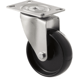 M Series castor, 100mm black nylon wheel, swivel plate, black seal & pedal, stainless steel axle spacer, 150 kg load