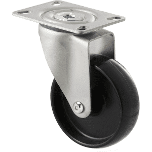 M Series castor, 100mm black nylon wheel, swivel plate, stainless steel axle spacer, Chicago screw axle, 150 kg load