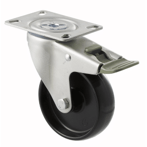 M Series castor, 100mm black nylon wheel, swivel plate, direction lock, stainless steel axle spacer, 150 kg load