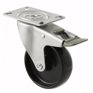 M Series castor, 100mm black nylon wheel, swivel plate, direction lock, stainless steel axle spacer, Chicago screw axle, 150 kg load