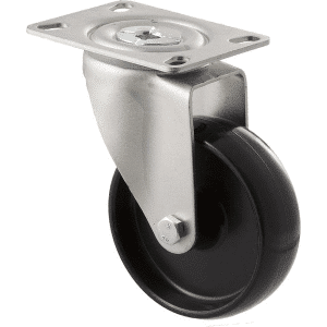 M Series castor, 100mm black nylon wheel, swivel plate, grey seal & pedal, stainless steel axle spacer, 150 kg load