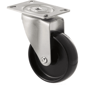 M Series castor, 100mm black nylon wheel, swivel plate, grey seal & pedal, stainless steel axle spacer, Chicago screw axle, 150 kg load