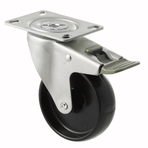 M Series castor, 100mm black nylon wheel, swivel North American (NA) plate, direction lock, stainless steel axle spacer, Chicago screw axle, 150 kg load