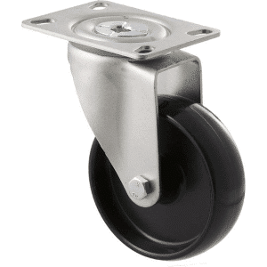 M Series castor, 100mm black nylon wheel, swivel North American (NA) plate, grey seal & pedal, stainless steel axle spacer, 150 kg load