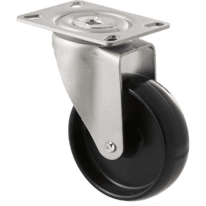 M Series castor, 100mm black nylon wheel, swivel North American (NA) plate, grey seal & pedal, stainless steel axle spacer, Chicago screw axle, 150 kg load