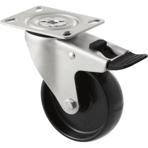 M Series castor, 100mm black nylon wheel, swivel North American (NA) plate, total brake, stainless steel axle spacer, 150 kg load