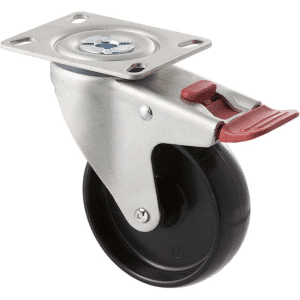M Series castor, 100mm black nylon wheel, swivel North American (NA) plate, total brake, stainless steel axle spacer, Chicago screw axle, 150 kg load