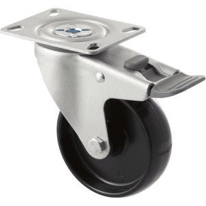 M Series castor, 100mm black nylon wheel, swivel North American (NA) plate, total brake, grey seal & pedal, stainless steel axle spacer, 150 kg load