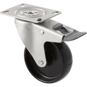 M Series castor, 100mm black nylon wheel, swivel North American (NA) plate, total brake, grey seal & pedal, stainless steel axle spacer, Chicago screw axle, 150 kg load