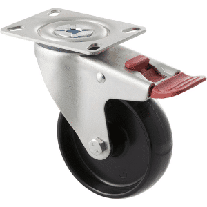 M Series castor, 100mm black nylon wheel, swivel plate, total brake, stainless steel axlespacer, 150 kg load