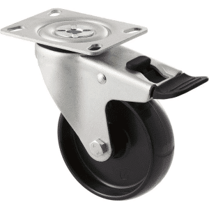 M Series castor, 100mm black nylon wheel, swivel plate, total brake, stainless steel axlespacer, 150 kg load