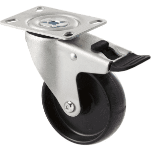 M Series castor, 100mm black nylon wheel, swivel plate, total brake, stainless steel axlespacer, Chicago screw axle, 150 kg load
