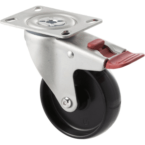M Series castor, 100mm black nylon wheel, swivel plate, total brake, stainless steel axlespacer, Chicago screw axle, 150 kg load