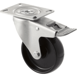 M Series castor, 100mm black nylon wheel, swivel plate, total brake, grey seal & pedal, stainless steel axle spacer, 150 kg load