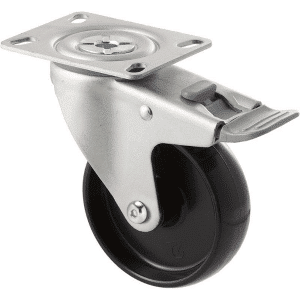 M Series castor, 100mm black nylon wheel, swivel plate, total brake, grey seal & pedal, stainless steel axle spacer, Chicago screw axle, 150 kg load