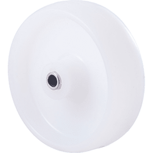 M Series, 100mm white nylon wheel, 40mm hub, 12mm bore reduced to 8mm with hardened steel bush, 150 kg load capacity