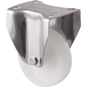 M Series castor, 100mm white nylon wheel, plain bearing, stainless steel fixed plate, axle spacer (hex bolt axle), 150kg load
