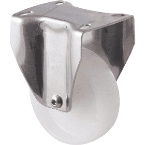 M Series castor, 100mm white nylon wheel, plain bearing, stainless steel fixed plate, axlespacer, 150 kg load