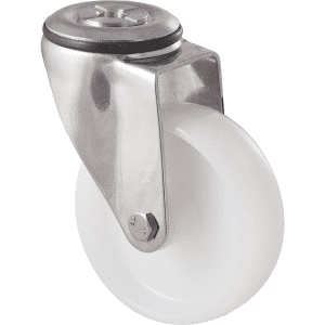 M Series castor, 100mm white nylon wheel, plain bearing, stainless steel swivel bolt hole, axle spacer (hex bolt axle), 150 kg load