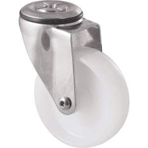 M Series castor, 100mm white nylon wheel, plain bearing, stainless steel swivel bolt hole, axle spacer, 150 kg load