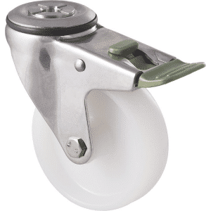 M Series castor, 100mm white nylon wheel, plain bearing, stainless steel swivel bolt hole, direction lock, axle spacer (hex bolt axle), 150 kg load