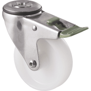 M Series castor, 100mm white nylon wheel, plain bearing, stainless steel swivel bolt hole, direction lock, axle spacer, 150 kg load