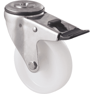 M Series castor, 100mm white nylon wheel, plain bearing, stainless steel swivel bolt hole, total brake, axle spacer (hex bolt axle), 150 kg load