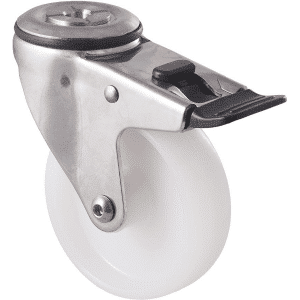 M Series castor, 100mm white nylon wheel, plain bearing, stainless steel swivel bolt hole, total brake, axle spacer, 150 kg load